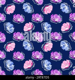 Nahtloses Blumenmuster mit Mohnblumen auf einer blauen Hintergrund-Vektor-Illustration Stock Vektor