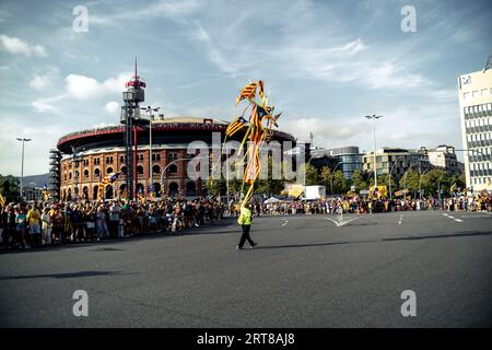 Barcelona, Spanien. September 2023. Die Aktivisten der Pro-Unabhängigkeitsbewegung rufen während der Hauptereignis des ANC die „Diada“ (katalanischer Nationalfeiertag) Parolen und Flaggen. Quelle: Matthias Oesterle/Alamy Live News Stockfoto