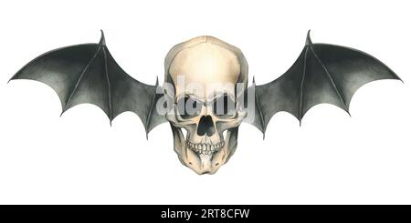Frontansicht menschlicher Schädel mit schwarzen Fledermausflügeln für den Todestag und halloween. Aquarellzeichnung, handgezeichnet. Isolierte Zusammensetzung auf einem Weißen Stockfoto