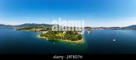 Drohne, Panorama, Villa Toscana im Toscana Park mit Schloss Ort, Gmunden, AltMünster am Traunsee, Traunsee, Salzkammergut, Oberes Stockfoto