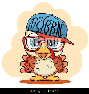 Alles Gute Zum Thanksgiving. Lustige Zeichentrickfigur aus Truthahn in Mütze und Brille. Vektorillustration. Stock Vektor