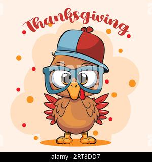 Alles Gute Zum Thanksgiving. Lustige Zeichentrickfigur aus Truthahn in Mütze und Brille. Vektorillustration. Stock Vektor