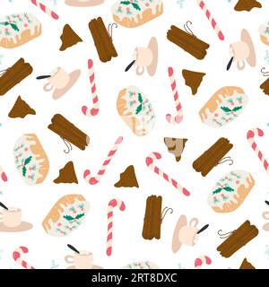 Nahtloses Weihnachtsmuster mit weihnachtlichen Cupcakes, Süßigkeiten, Zimt und Marshmallow-Getränk auf weißem Hintergrund Stock Vektor