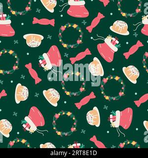 Nahtloses Weihnachtsmuster mit Weihnachtskränzen, Weihnachts-Cupcakes, Geschenktüte und Süßigkeiten auf grünem Hintergrund. Stock Vektor