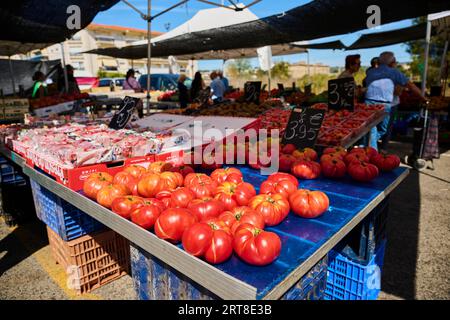 Marktstand mit Tomaten auf einem Wochenmarkt in der Nähe von Tarragona, Katalonien, Spanien Stockfoto