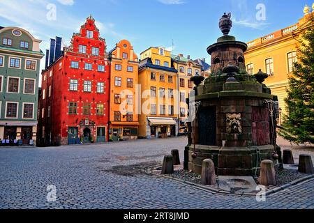 Bunte Gebäude von Stortorget, dem Hauptplatz in Gamla Stan, der Altstadt von Stockholm, Schweden Stockfoto