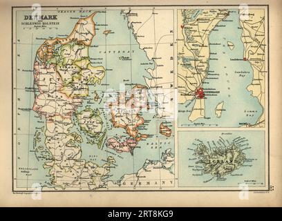 Antike Karte von Dänemark, Kopenhagen und Island, 19. Jahrhundert Stockfoto