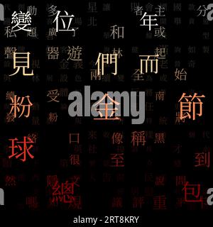 Hintergrund der abstrakten Matrix. Zufällige Zeichen des traditionellen chinesischen Alphabets. Gradiented Matrixmuster. Hintergrund mit orangefarbenem rotem Motiv. Stock Vektor