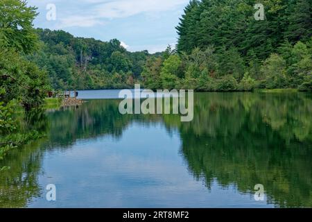 Das Ende des Sommers nähert sich dem Herbst und die Blätter färben sich am See Stockfoto