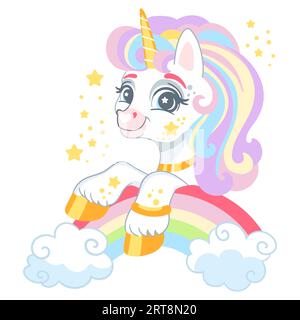 Niedliches Karikaturfiguren-Einhorn auf einem Regenbogen. Vektorillustration isoliert auf weißem Hintergrund. Glückliches magisches Einhorn. Für Druck, Design, Poster, Aufkleber Stock Vektor