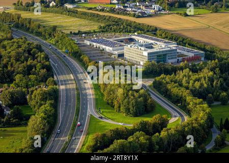 Luftaufnahme, ENERVIE - Südwestfalen Energie und Wasser AG, Solardach, Emst, Hagen, Ruhrgebiet, Nordrhein-Westfalen, Deutschland, Freeway A45, DE, Energ Stockfoto