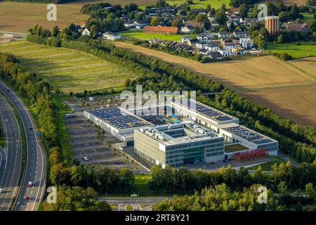 Luftaufnahme, ENERVIE - Südwestfalen Energie und Wasser AG, Solardach, Emst, Hagen, Ruhrgebiet, Nordrhein-Westfalen, Deutschland, Freeway A45, DE, Energ Stockfoto