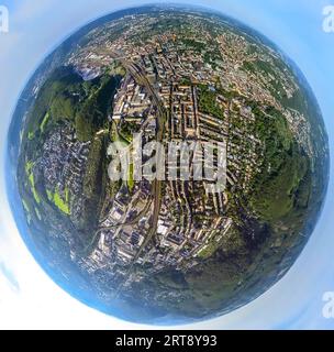 Luftaufnahme, Stadtansicht von Wehringhausen mit Bahnhof und Hauptbahnhof, Globus, Fischaugenfotografie, 360-Grad-Fotografie, winzige Welt, Wehringhaus Stockfoto