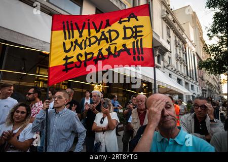 Madrid, Spanien. September 2023. Die Demonstranten tragen eine spanische Flagge mit den Worten "es lebe die Einheit Spaniens" während eines Protestes der rechtsextremen Partei "Falange Española de las JONS", die das Verbot politischer Parteien und Vereinigungen fordert, die den Separatismus fördern, zeitgleich mit dem katalanischen Nationalfeiertag, auch bekannt als "Diada". Quelle: Marcos del Mazo/Alamy Live News Stockfoto