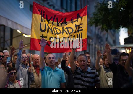 Madrid, Spanien. September 2023. Demonstranten, die ihre Hände heben und einen Nazi-Gruß machen, während sie eine spanische Flagge mit den Worten "lange lebe die Einheit Spaniens" tragen, werden bei einem Protest der rechtsextremen Partei "Falange Española de las JONS" gesehen. Die rechtsextreme Partei fordert das Verbot politischer Parteien und Vereinigungen, die den Separatismus fördern, während eines Protestes, der mit dem katalanischen Nationalfeiertag, auch bekannt als "Diada", zusammenfällt. Quelle: Marcos del Mazo/Alamy Live News Stockfoto
