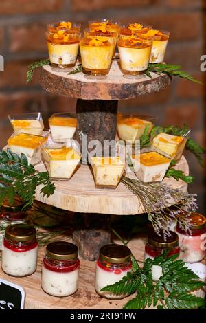 Gesellschaftliche Veranstaltungen; individuelle Präsentation von Desserts für Gäste an der Rezeption Stockfoto