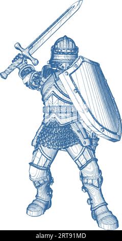 Gotischer Kampfritter Vektor. Abbildung Isoliert Auf Weißem Hintergrund. Eine Vektorillustration Eines Ritters mit Rüstung, Schwert und Schild. Stock Vektor