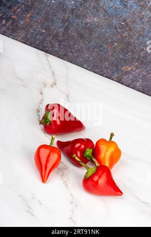 Mehrere Schoten roter und orangener Pfeffer. Leerzeichen kopieren. Stockfoto