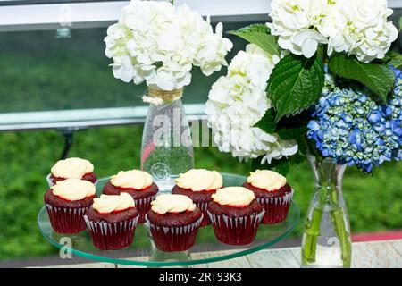 Gesellschaftliche Veranstaltungen; individuelle Präsentation von Desserts für Gäste an der Rezeption Stockfoto