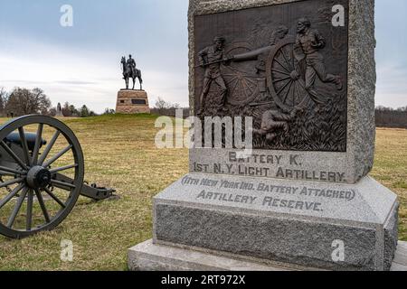 Memorial für New Yorks Battery K auf dem Schlachtfeld im Gettysburg National Military Park in Gettysburg, Pennsylvania. (USA) Stockfoto
