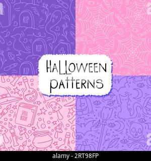 Set aus nahtlosen lila rosa Halloween-Mustern. Hexerei, gruseliges Lager. Stock Vektor