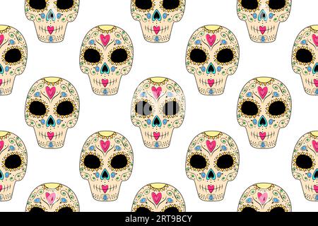 Nahtloses Vektormuster von Sugar Skull in trendigen Farben. Dia de los muertos. Happy Day of the Dead. Isolieren. Hintergrund für Verpackung, Poster, Banner, Broschüre, Begrüßung, Karten, Preisschild, Etikett oder Web Stock Vektor