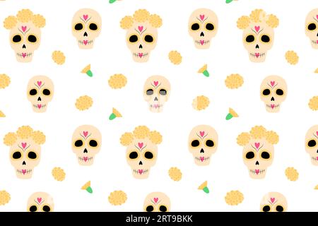Nahtloses Muster aus buntem Zuckerschädel und Blumen. Abstrakte Hintergrundtextur. Tag der Toten. Vektor-Design für Verpackung, Hintergrundbilder, Poster, Banner, Grußkarten oder Karten, Preisschild, Etikett oder Web Stock Vektor