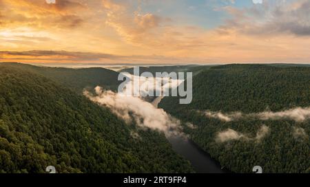 Der Coopers Rock State Park in West Virginia bietet einen Blick auf den Nebel, der über den Cheat River im Canyon wirbelt Stockfoto