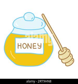 Glas mit Honig und Honig-Holzdipper oder Honiglöffel, Doodle-Stil flache Vektor-Illustration Stock Vektor