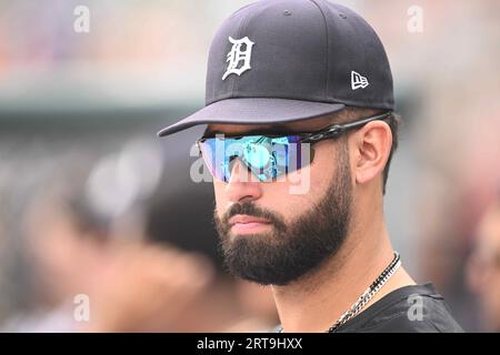 DETROIT, MI - 10. SEPTEMBER: Riley Greene, Outfielder der Detroit Tigers, im Dugout während des Spiels zwischen Chicago White Sox und Detroit Tigers am 10. September 2023 im Comerica Park in Detroit, MI (Foto: Allan Dranberg/CSM) Stockfoto