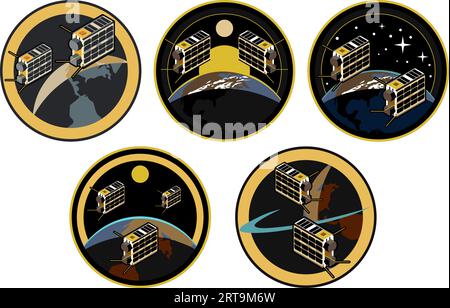 CubeSat Emblem Space Mission Patches Kollektion mit Earth, Stars, Sun und View of the Americas, Platz für Kopien oder Titel Stock Vektor