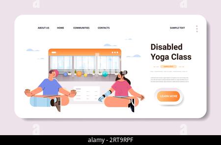 Mann Frau mit ausgetauschten robotischen Implantaten oder Prothesen Körperteile sitzend Lotus posiert behinderte Yogaklasse Wiederherstellung normal funktionierender Menschen mit Stock Vektor
