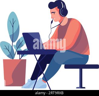 Ein moderner Mann, der an einem Schreibtisch sitzt und am Computer arbeitet Stock Vektor