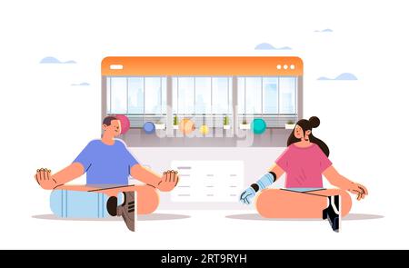 Mann Frau mit ausgetauschten robotischen Implantaten oder Prothesen Körperteile sitzend Lotus posiert behinderte Yogaklasse Wiederherstellung normal funktionierender Menschen mit Stock Vektor