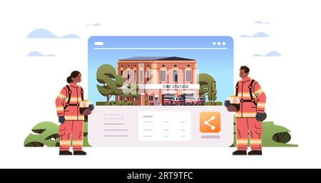 Feuerwehrleute in Uniform in der Nähe der Feuerwehrhausfassade und der roten Einsatzfahrzeuge in voller Länge Stock Vektor