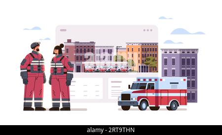 Feuerwehrleute in Uniform in der Nähe der Feuerwehrhausfassade und roter Einsatzfahrzeuge horizontal Stock Vektor