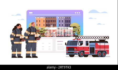 Feuerwehrleute in Uniform in der Nähe der Feuerwehrhausfassade und roter Einsatzfahrzeuge horizontal Stock Vektor