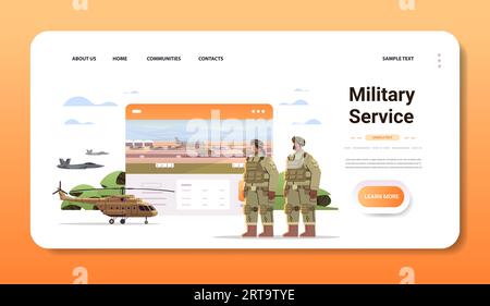 Militärsoldaten in Tarnhelm und Rettungsweste stehen zusammen Militärdienst Happy Labor Day Celebration Konzept Stock Vektor