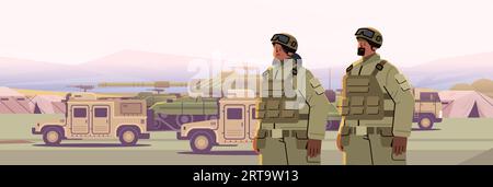 Männliche und weibliche Armeesoldaten in Tarnhelmen und Rettungswesten stehen zusammen im Militärdienst fröhliche Feierlichkeiten zum Arbeitstag Stock Vektor