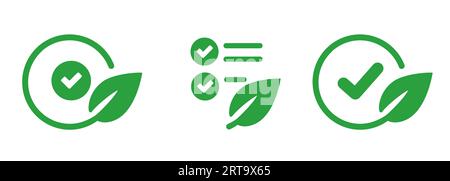 Häkchen und grüne Blätter setzen Symbol für umweltfreundliches Design der Zertifizierungs-Tags für natürliche organische Zulassung Stock Vektor