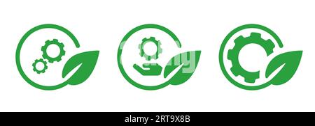 Das Symbol für die Motorenfabrik im Maschinenbau mit umweltfreundlichen Industriebetrieben ist das Symbol der grünen Blattblätter Stock Vektor