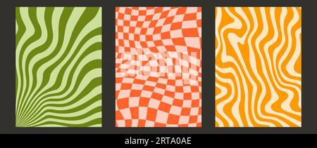 Groovige Wellenlinien, Schachbrettmuster und Sunburst-Hintergrundset. Farbenfrohe Kollektion mit Retro-Wellen und kariertem Muster. Vintage psychedelische verzerrte Tapeten. Funky verdrehte Kulisse. Vektorpaket Stock Vektor