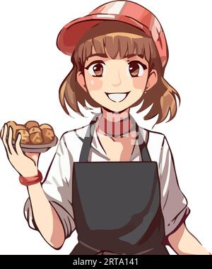 Lächelnde Köche, die in einer Küche arbeiten und köstliche Desserts halten Stock Vektor