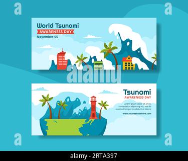 World Tsunami Awareness Day Horizontal Banner Cartoon Hand Drawn Templates Hintergrund Illustration Stock Vektor