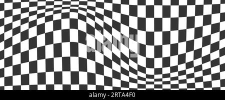 Schachbrettmuster. Abstraktes Schachmuster. Schwarze und weiße psychedelische optische Täuschung. Verzogene Flagge mit geometrischer Grafik. Y2K-Konstruktion Stock Vektor