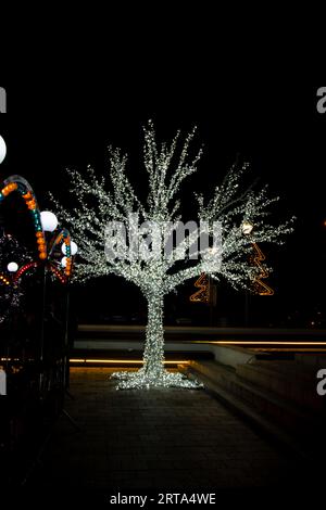 Beleuchteter Baum, umhüllt von festlichen Weihnachtslichtern in der Nacht Stockfoto