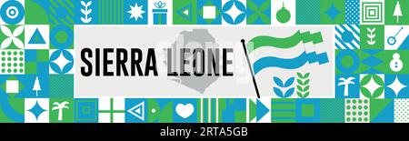 SIERRA LEONE National Day Banner mit Karte, Flaggenfarben Themenhintergrund und geometrischem abstraktem Retro-Design in modernen Farben mit erhöhten Händen oder Faust Stock Vektor