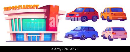 Außenfassade des Supermarkts und verschiedene Pkw für Parkkonzept. Zeichentrickvektorillustration von Fahrzeugen, die vorn und hinten stehen. Eingang zum Ladengebäude mit großen Glasfenstern Stock Vektor