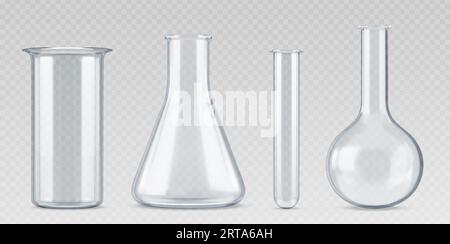 3. Chemielabor-Glas-Wissenschafts-Testkolben. Realistische Laborbecherausrüstung. Chemisches Glasgefäß, isoliertes Vektorset. Leerer Zylindermessbehälter für wissenschaftliche medizinische Experimente Stock Vektor