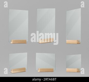 Menü- und Kartenständer mit Holzsockel und Display aus Acryl. Rechteckiger transparenter Tischhalter aus Plexiglas. Realistische Vektor-Illustration Set aus Kunststoff-Desktop-Büro-Sprecher-Vorlage. Stock Vektor